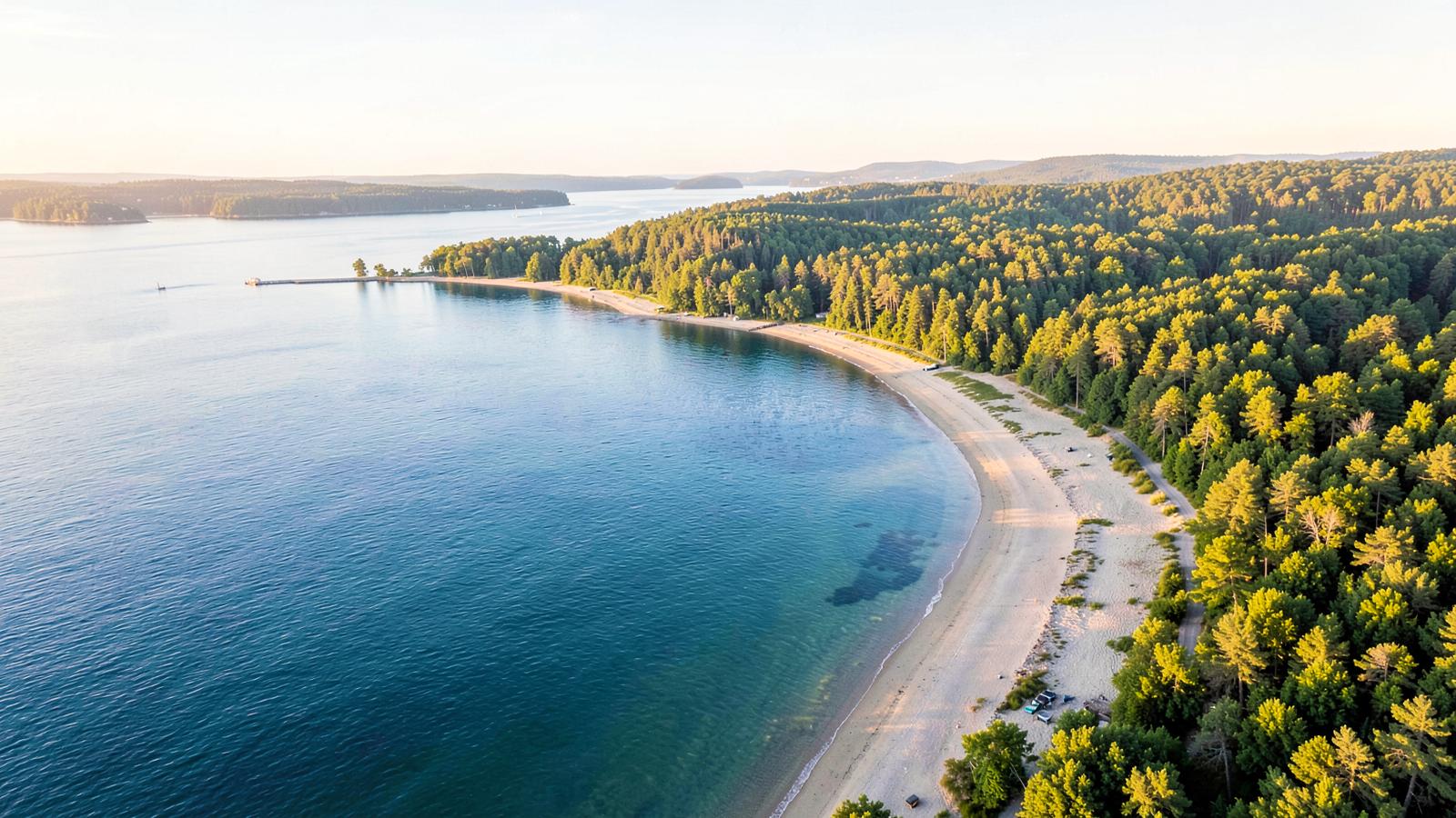 Aerial view of a Great Lakes shoreline at golden hour